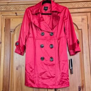New With Tags Red Satin XOXO Double Breasted Trench Coat Size Large